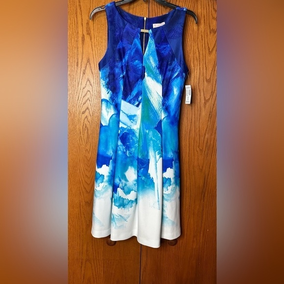 cb established Dresses & Skirts - CB Established 1962 Aqua Blue Watercolor Fit And Flare Zip Up Dress Size 8